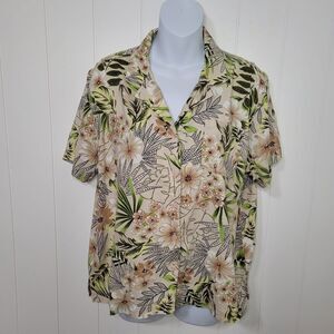 Erika Top Womens Medium Tropical Hawaiian Tan Green Button Up Short Sleeve